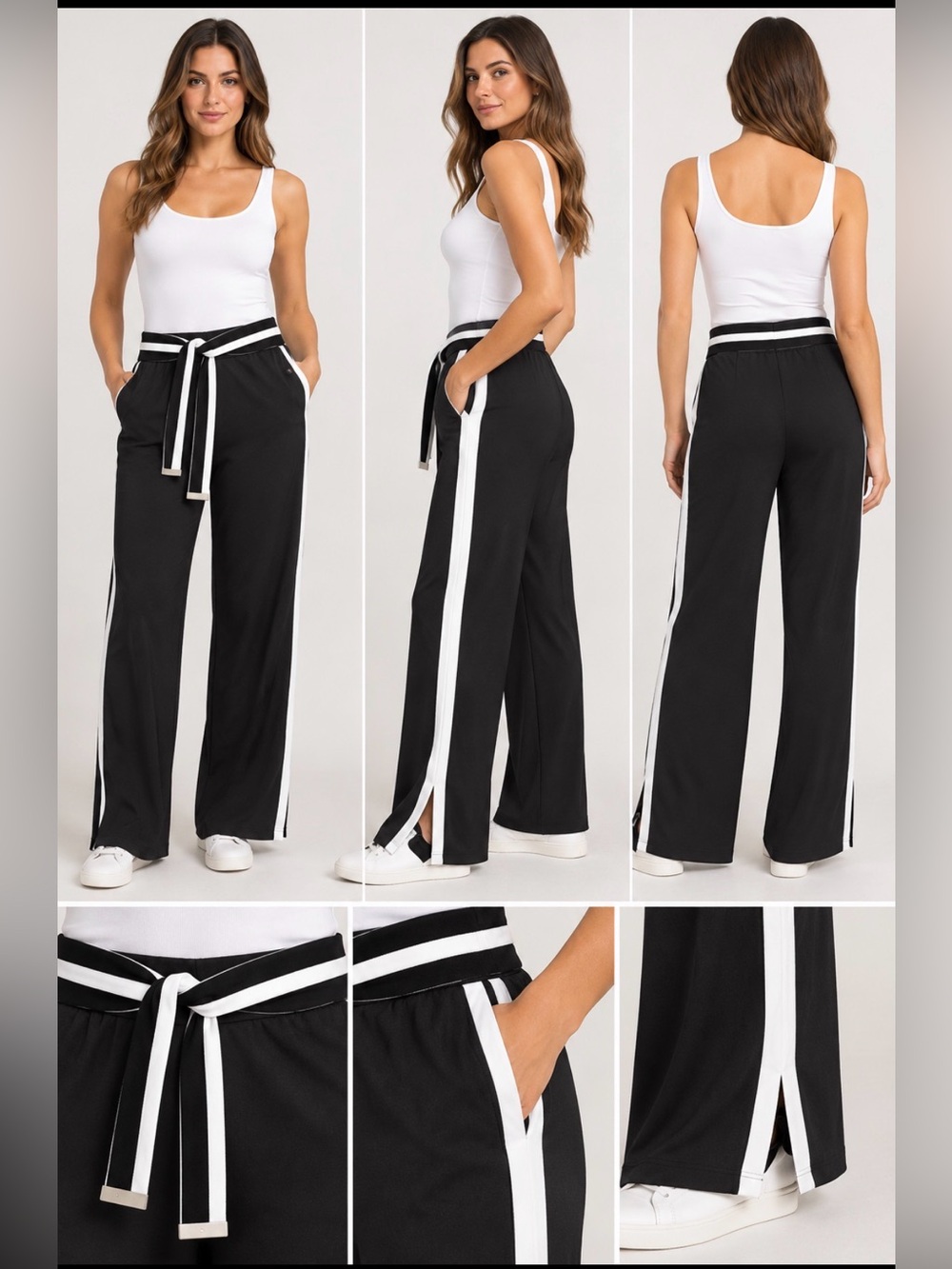 Anne Klein High-Waist Wide Leg Track Pants with Side Stripe - Black